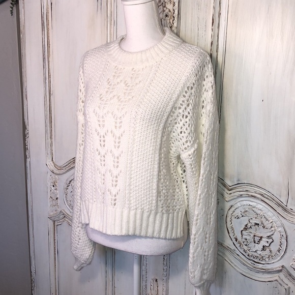 ASOS Crew Neck Long Bell Sleeves Cropped Open Knit White Popover Sweater Size 4 - Picture 3 of 11